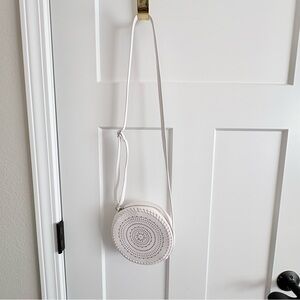 Art class, Crossbody, white, doily, leather detail, purse. 7 in across. Easter